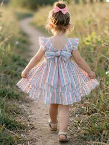 SHEIN Baby Girl Colorful Striped Bow Tie Flare Sleeve Casual Vacation Dress Open Back Baby Dress Baby Girl Dress Little Girls Dress Summer Rainbow Toddler Dress Striped Toddler Dress - Multicolor - View 2