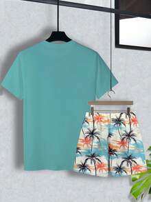 Genlund 热带椰树沙滩印花男士圆领短袖湖蓝色T恤套装，男士美式沙滩风圆领湖蓝色T恤套装 - 彩色 - 查看 3