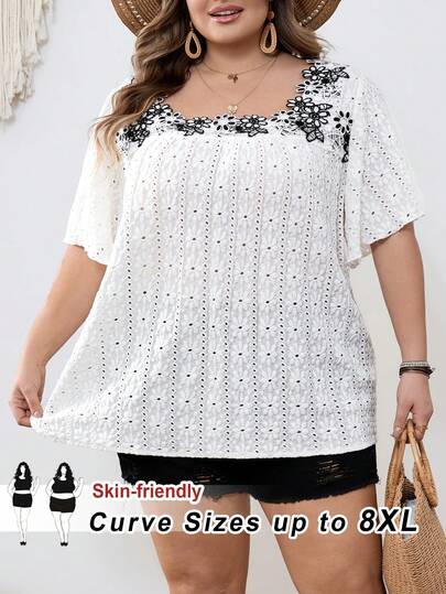 SHEIN CURVE+ Plus Size T-Shirt, Square Neckline, Minimalist And Fashionable, Suitable For Summerbeach Outfits For Woman/Beach Dress/Beach Vacation Outfits/Beach Essentials / Graduation/Tea Party Dresssummer/Country/Beach Vacation Outfits/Beach Outfits/Beach Wear