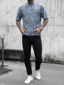SLATEMANN 男士休闲做旧圆领短袖T恤 - 藍色 - 查看 4
