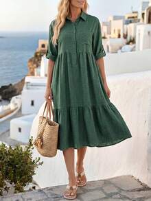 Faunlyn Damen Einfarbiges Midi-Hemdblusenkleid mit Knopfleiste und Manschetten-Ärmeln - Grün - Übersicht 1