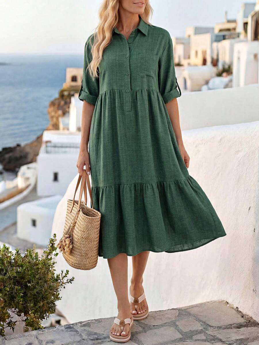Faunlyn Damen Einfarbiges Midi-Hemdblusenkleid mit Knopfleiste und Manschetten-Ärmeln - Grün - Übersicht 1