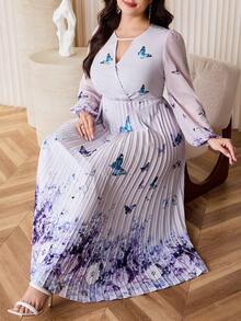 Modelyn Plus Size Elegant Party Floral & Butterfly Print Pleated Dress - Multicolor - View 6
