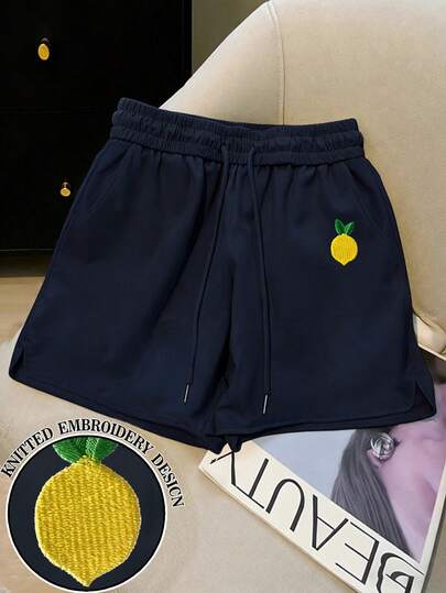 Resyla Shorts in Große Größen für Damen mit Zitronen-Stickerei und Tunnelzug in der Taille, vielseitig tragbar für den täglichen Gebrauch