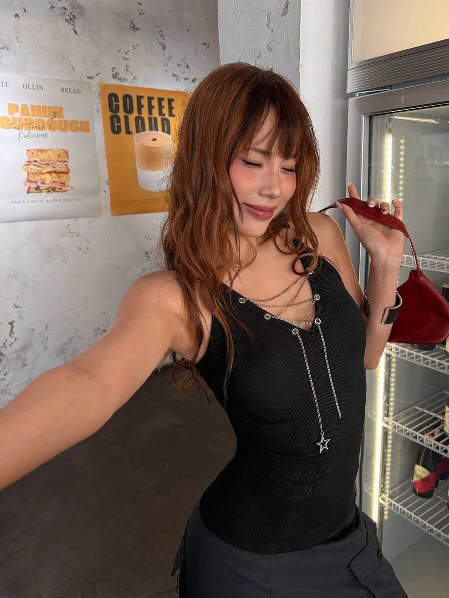 Rina Fox Women's Street Fashion Dark Goth Chain Strap Camisole - Black - View 1