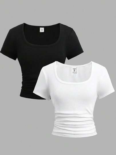 Girlism 2pcs Tween Girl Black & White Minimalist Ruched Waist Fitted Crew Neck Short Sleeve T-Shirt Set