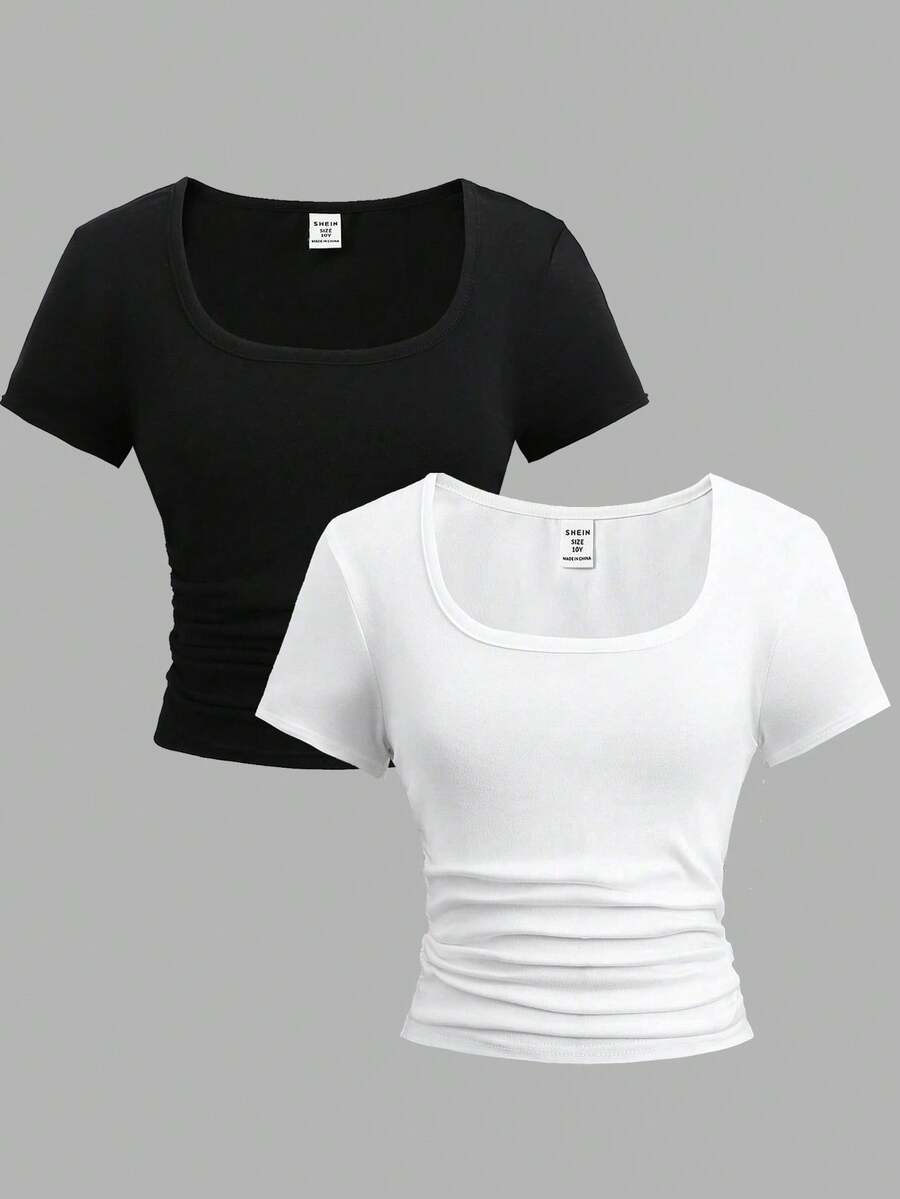 Girlism 2pcs Tween Girl Black & White Minimalist Ruched Waist Fitted Crew Neck Short Sleeve T-Shirt Set - Black and White - View 1