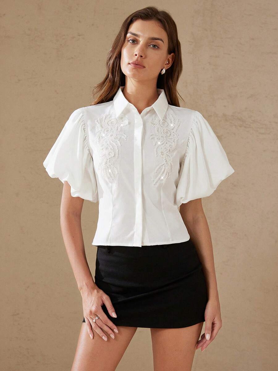 Aveloria Rosie New Sequin Embellished Petal Sleeve Sweet Cropped Blouse - White - View 1