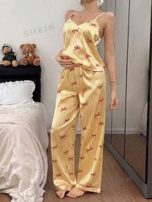 Napfluff 蝴蝶结条纹印花仿丝吊带背心和裤子女士睡衣套装 - 黃色 - 查看 3