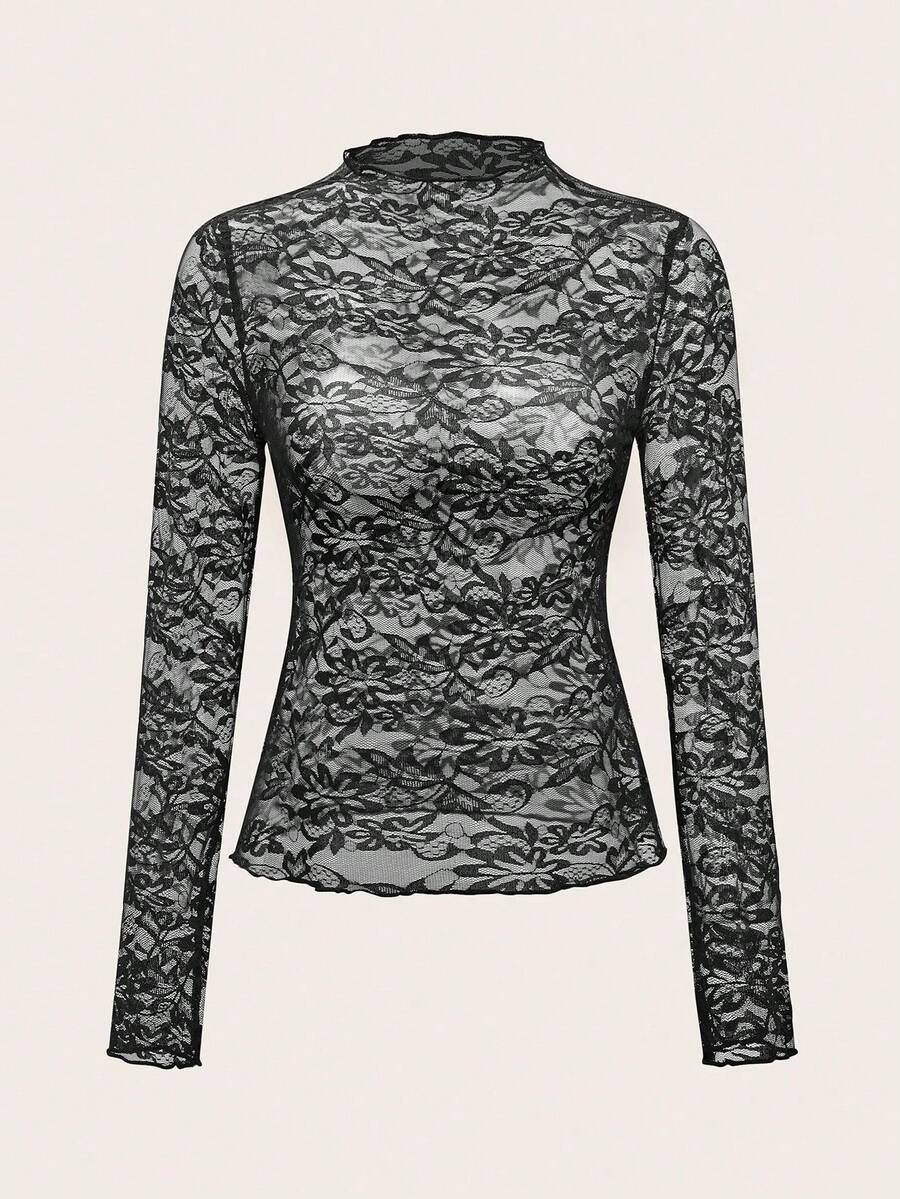 EgrlEra Lace Trimmed Slim Fit Long Sleeve Top Y2K  - Black - View 1