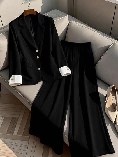 GlowEve CURVE Plus Size Women's Hot-Selling Solid Color Contrast Collar Long Sleeve Commuter Suit Set, Elegant Fitted Tailored Design With Metal Button Decor, Versatile For Women In Autumn/Winter, 2-Piece Set