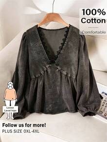 CosyJoli 大码女式做旧T恤，长袖水洗T恤，荷叶边T恤，黑色T恤，春秋季可爱上衣 - 黑色 - 查看 4