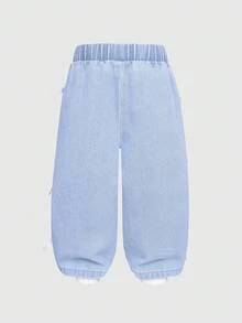 Jeans rectos y versátiles de ajuste ceñido con decoración de lazo blanco para niñas pequeñas, de tela de mezclilla lavada en azul claro, suave y cómoda, adecuada para uso diario, juegos al aire libre, fiestas y celebraciones - Lavado ligero - Ver 2