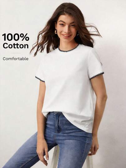 SHEIN BASICS Camiseta de cuello redondo de manga corta de unicolor, básica y casual, de 100% algodón con bordado de concha, adecuada para exteriores, fitness, estilo callejero, elegante, festivales de música, playa, fiestas, bodas y cumpleaños en verano