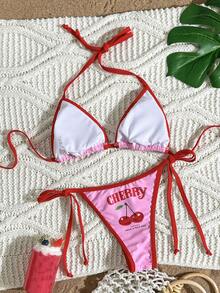 Swim Mod Conjunto de bikini sexy de mujer con estampado de posicionamiento y cuello halter, para verano - Multicolor - Ver 2