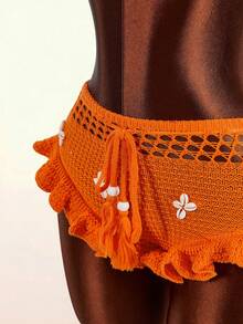 Amplova 2026 New Women's Low Waist Knitted Hollow Out Lace Trim Mini Shorts - Orange - View 6