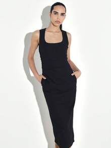 KSTM Women's Sleeveless Square Neck Ruched Midi Bodycon Dress With Side Pockets For Casual Day And Evening Occasions - Black - View 1