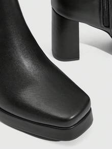 Daringsoles Women's Chunky Heel Square Toe Sexy Waterproof Platform Side Zipper Buckle Classic Leather Boots, Autumn/Winter - Black - View 6