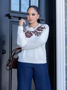 Melissa Matos 秋冬休闲复古圆领长袖女毛衣 - 米色 - 查看 5