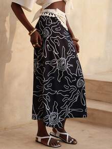 Lyxana Contrast Color Vacation Floral Print Waist Splice Tassel A-Line Skirt For Women - Black and White - View 7