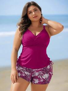 Swim Lushoire Plus Size Solid Color Camisole & Tropical Print Shorts Bikini Set - Rose Red - View 3
