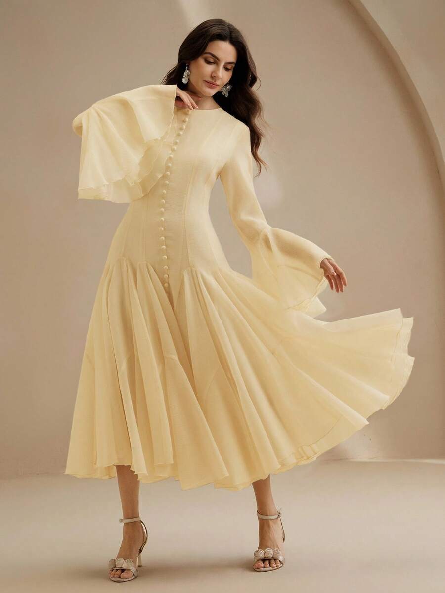 Anewsta Vestido elegante de manga larga con bajo acampanado y puños con botones en las mangas acampanadas - Amarillo claro - Ver 1