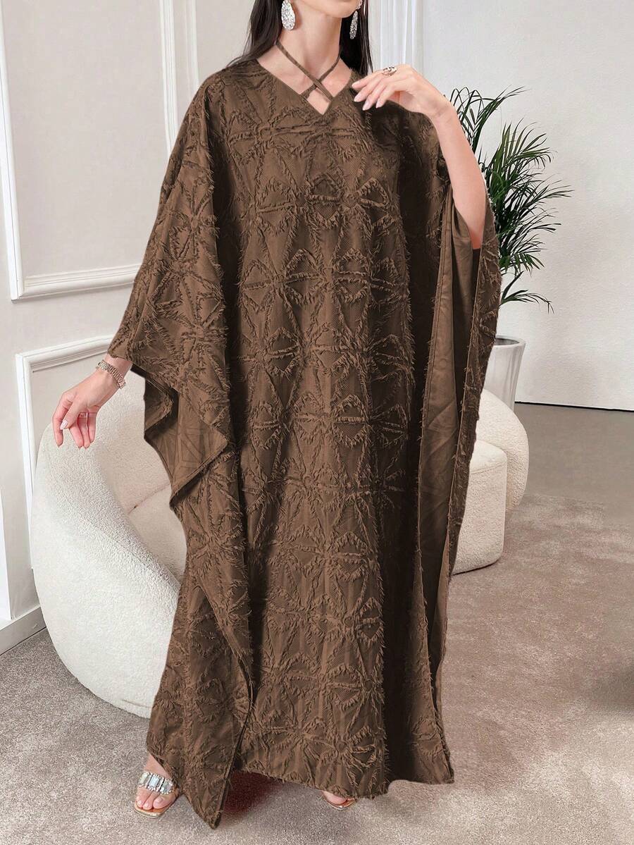 Al Najma 女士宽松棕榈树纹理蝙蝠袖土耳其长裙 - 咖啡棕 - 查看 1