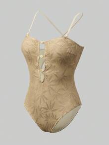 Swim Oasis Women's Leaf Print One-Piece Swimsuit And Skirt Set, Suitable For Beach Vacation, Pool Party, Beach Party, Spring/Summer - Khaki - View 5