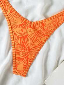 Swim Mod 2-Piece Set,Red Orange,Summer,Casual,Holiday,Vacation,Holiday Floral Print Gold Disc Decor Halter Triangle Bikini Top And High Cut Thong Swimwear - Multicolor - View 4