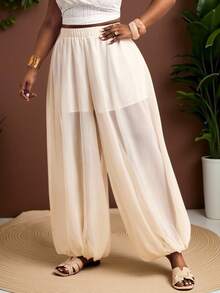 Truni 大码女式宽松灯笼裤，适合度假、下午茶、海滩巡游、城市自驾游、波西米亚风度假、音乐节、海滩、复活节、优雅度假装、音乐会、热带度假装、波西米亚风、春夏秋季假日白色薄纱裤沙滩波西米亚风裤薄纱阔腿裤宽松白色裤子薄纱裙裤宽松透视裤薄纱长裤，适合梨形和三角形身材网纱裤泳装罩衫薄纱裙阔腿裤女式高腰夏季裤泳装裤 - 杏色 - 查看 5