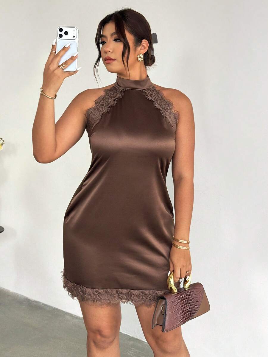 Firerie Plus Size Women's Chocolate Brown Autumn Elegant Night Out Club Halter Neck Lace Patchwork Backless Bodycon Satin Mini Dress For Valentine's Day - Brown - View 1