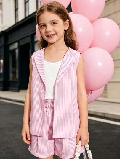 SHEIN 2pcs/Set Toddler Girls' Pink Striped Sleeveless Jacket + Shorts Casual Fashion Outfit, Daily Sibling Matching Outfits (2 Sets Sold Separately)