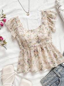 SHEIN VCAY 大码女式夏季度假印花甜心领荷叶袖娃娃衫 - 白色 - 查看 1