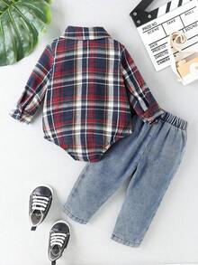 Souflis Souflis Bộ 2 món áo sơ mi kẻ caro và áo liền quần denim cho bé trai sơ sinh, thích hợp cho mùa hè, quần áo trẻ em trai, bộ đồ trẻ em trai, quần áo trẻ sơ sinh, quần áo trẻ em trai 1 tháng-2 tuổi, áo liền quần cho trẻ sơ sinh. - Nhiều màu - Xem 2