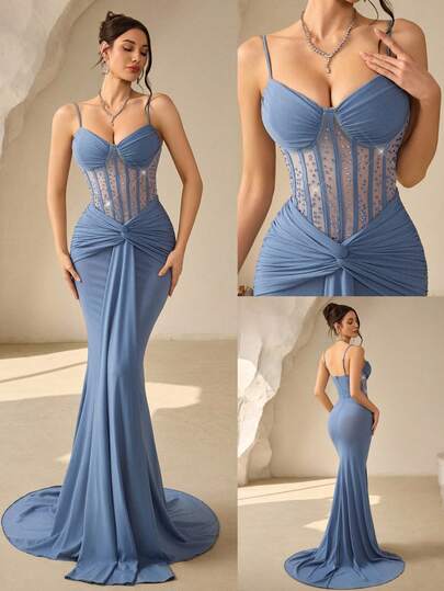 Coutiva Vestido de noche formal de unicolor con decoración de diamante de imitación para mujer