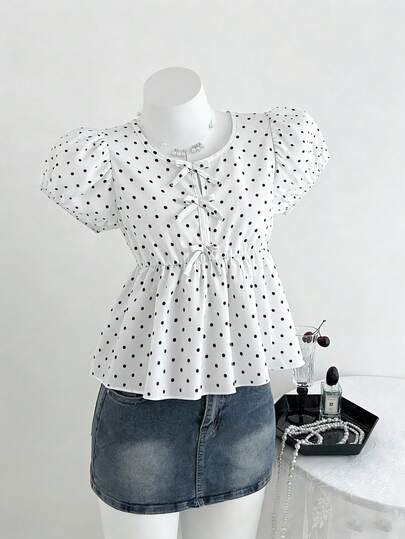 1 chiếc áo kiểu nữ cổ điển ngọt ngào màu mơ chấm bi họa tiết hoa, tay phồng, eo bèo nhún, thích hợp mặc hàng ngày, họp mặt, dự tiệc.