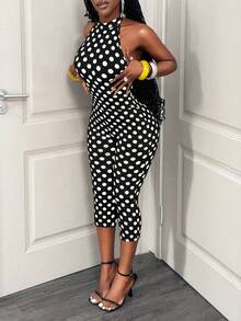 BamGleam Bộ jumpsuit nữ thời trang thường ngày, ôm sát, chất liệu lụa sữa co giãn, họa tiết chấm bi màu sắc tươi sáng, kiểu dáng buộc dây cổ, hở lưng, không tay, quần lửng. - màu đen - Xem 6