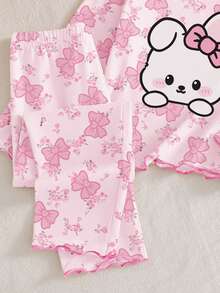 SHEIN Playful Pals Young Girls Cute Cartoon Rabbit Bow Floral Print Ruffle Trim Comfortable Casual Long Sleeve Pants 2pcs Pajama Set Fall Winter - Pink - View 4