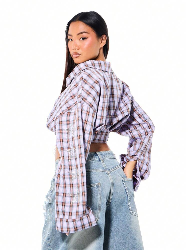 SUMWON WOMEN Oversized Cropped Check Plaid Shirt With Rhinestone Star Details And Long Sleeves For Fall Winter Casual Wear