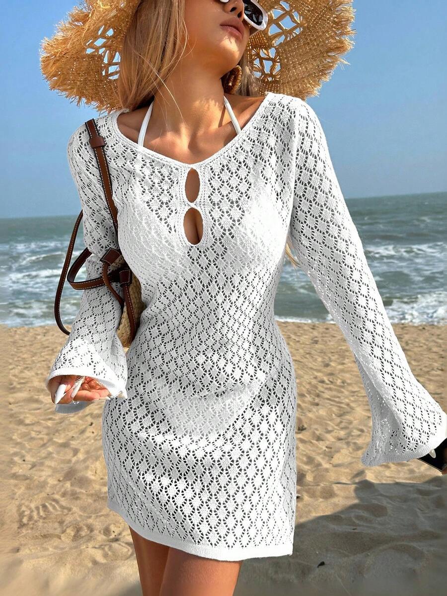 Đầm dệt kim cổ yếm màu trơn dành cho nữ, thích hợp cho kỳ nghỉ, đi biển. - trắng - Xem 1