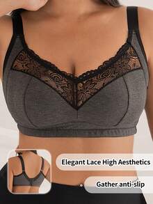 DesireSculpt 1pc Ribbed Fabric Full Coverage Wireless Lace Trim Patchwork Ladies Bra - Dark Grey - View 5