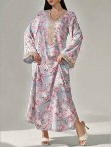 Al Najma 女士花卉印花钩编拼接长袖连衣裙，优雅端庄的A字型卡夫坦长袍，适合晚宴/婚礼宾客/周年纪念/日常穿着 - 淺藍色 - 查看 6