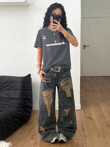 Coolane 女士四季演唱会狂欢街头服饰返校季复古图案灰色T恤 - 灰色 - 查看 5