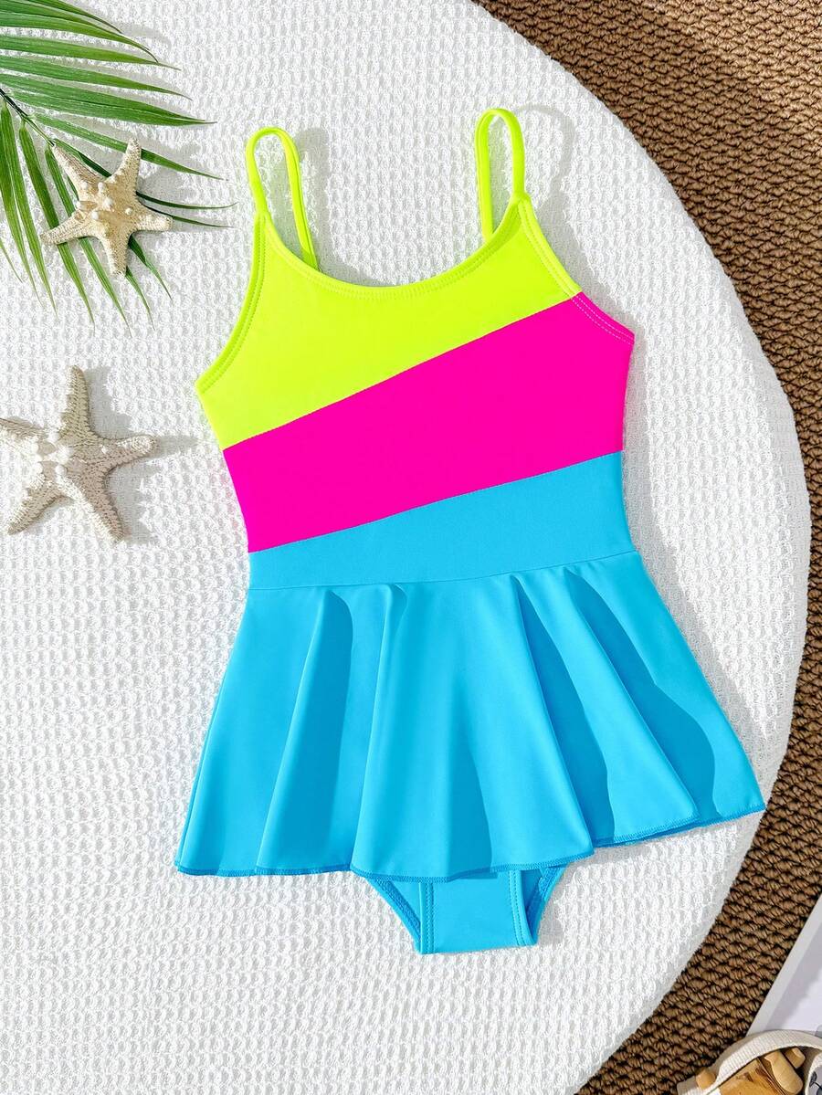 SHEIN Young Girl Patchwork Color Block One-Piece Swimsuit With Skirt,Neon Bright Colors Kids Swim Dress For Tweens,Summer Beach Holiday Bathing Suits