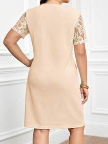 Miaspire Plus Size Women's Summer Casual Vacation  Elegant Short Sleeve Lace Patchwork Apricot  Dress, Summer,Summer\Vacation,Summer Holiday,Spring Break Outfits ,Vacation Outfits Women ,Holiday Outfits For Women,Going Out Outfits,2026 New Clothes,Simple And Fashionable For Everyday Wear,Suitable For Summer, Vacation, Daily Wear,Suitable For Summer, Vacation, Daily Wear,Dresses For Women,Office Outfits For Women,, Formal Attire For Women - Apricot - View 2