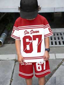 SHEIN Coolqubz Bộ 2 món dành cho bé trai tuổi teen, phong cách thường ngày, sáng tạo, cá tính, tươi mới, tối giản, in số 67 sọc đỏ trắng kết hợp, áo thun và quần short in hình chữ cái, thoải mái mặc hàng ngày, kiểu dáng mùa hè ấm áp, phù hợp cho mùa xuân và mùa hè. - Nhiều màu - Xem 3