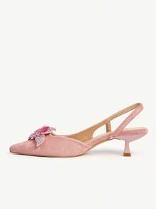 CUCCOO CHICEST Women's Pointed Toe High Heel Shoes, Pink Floral Decor, Faux Suede, Comfortable & Elegant, Suitable For Spring/Summer, Weddings, Parties, Formal Occasions - Barely Pink - View 5