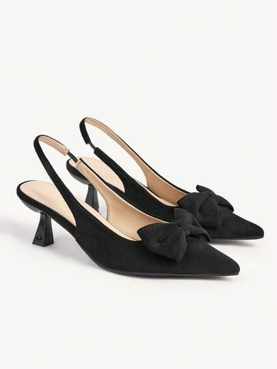 CUCCOO CHICEST Women Shoes French Elegant Bow Sandals Women, Black Suede Pointed Stiletto Empty Shoes Wedding Shoes