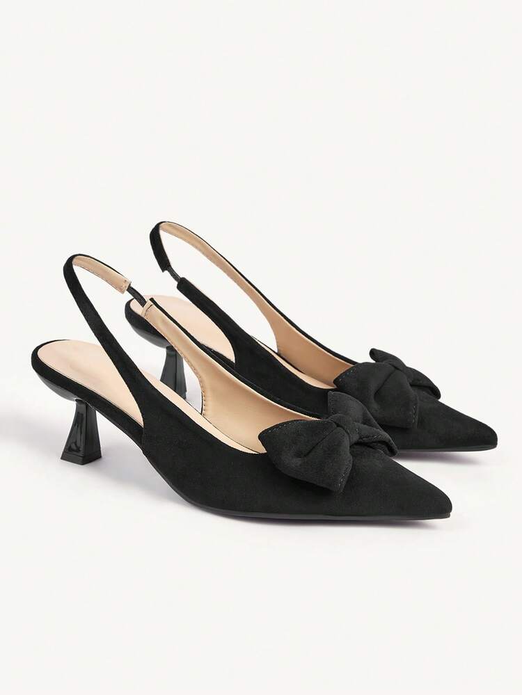 CUCCOO CHICEST Women Shoes French Elegant Bow Sandals Women, Black Suede Pointed Toe Stiletto Slingback Shoes Wedding Shoes Summer Shoes Bride Shoes