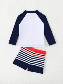 SHEIN 2pcs/Set Baby Boy Swimwear, Cute Cartoon Shark Print Colorblock Long Sleeve Knit Rash Guard And Swim Trunks, Swimsuit Set - Multicolor - View 2